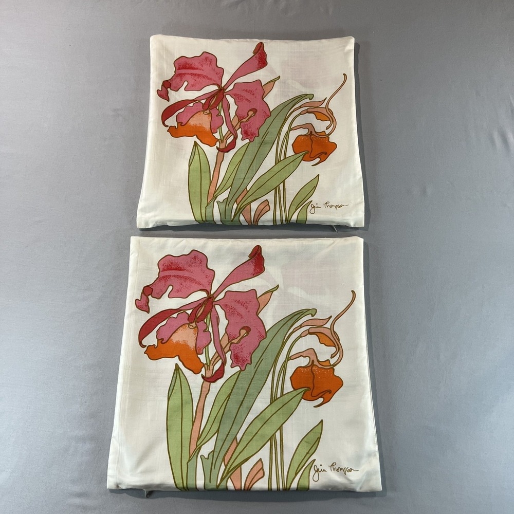 Set of 2 Jim Thompson 100% Thai Silk Pillow Covers Orchid Floral Print‎ 15"x15"